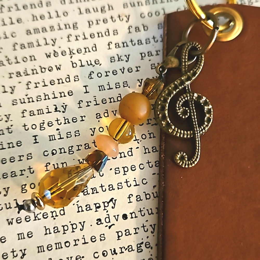 Vintage leather keyring glass bead charm brass treble clef music lover ooak